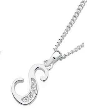 Sterling+Silver+Cubic+Zirconia+Script+Initial+S+Pendant