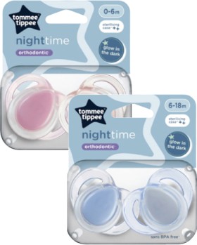 Tommee-Tippee-Night-Time-Soothers-0-6m-or-6-18m-2-Pack on sale