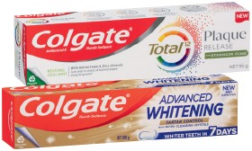 Colgate+Advanced+Whitening%2C+Total+Plaque+or+MaxFresh+Toothpaste+95%E2%80%91200g+or+Total+Plaque+Release+Mouthwash+500mL+Selected+Varieties