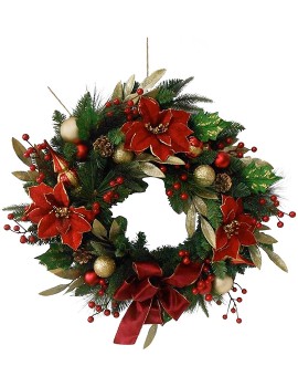 David-Jones-Collection-Red-Poinsettia-and-Baubles-Wreath-76cm on sale