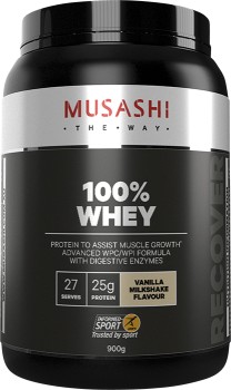 Musashi-100-Whey-Protein-Powder-Vanilla-Milkshake-900g on sale