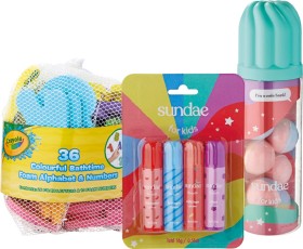 Crayola+36+Colourful+Bathtime+Foam+Alphabet+%26amp%3B+Numbers%2C+Sundae+for+Kids+You+Da+Balm+or+Sundae+for+Kids+Fizzies+Coin+Bank+6+x+40g