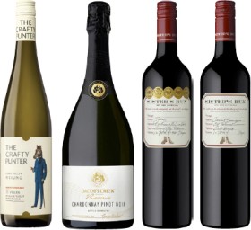 The-Crafty-Punter-Clare-Valley-Riesling-Jacobs-Creek-Reserve-Chardonnay-Pinot-Noir-Sisters-Run-Shiraz-Sisters-Run-Cabernet-Sauvignon on sale