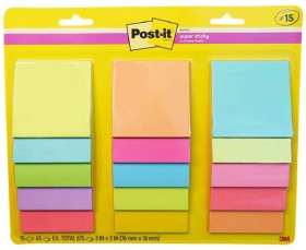 Post-it+Super+Sticky+Notes+76x76mm+Assorted+15+Pack