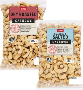 Coles-Dry-Roasted-Natural-Honey-or-Roasted-Salted-Cashews-400g-Pack on sale