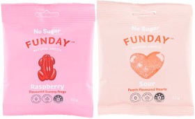 Funday+Natural+Sweets+Gummy+Frogs+Raspberry+or+Hearts+Sour+Peach+50g