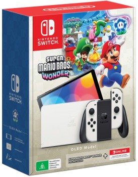 Nintendo-Switch-OLED-Model-White-Super-Mario-Bros-Wonder-NSO-12-Months-Hardware-Bundle on sale