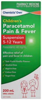 Chemists%26rsquo%3B+Own+Children%26rsquo%3Bs+Paracetamol+Pain+%26amp%3B+Fever+Suspension+5-12+Years+200mL