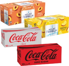 Coca-Cola+Soft+Drink+or+Mt+Franklin+Lightly+Sparkling+Water+10x375mL