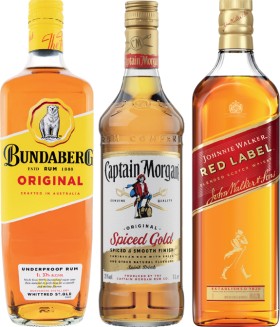 Bundaberg+UP+Rum%2C+Captain+Morgan+Spiced+Gold+or+Johnnie+Walker+Red+Label+Scotch+1+Litre