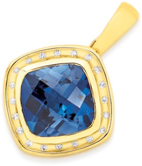 9ct+Gold+Created+Sapphire+%26amp%3B+Diamond+Cushion+Cut+Enhancer+Pendant