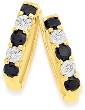 9ct+Gold+Black+Sapphire+%26amp%3B+Diamond+Huggie+Earrings