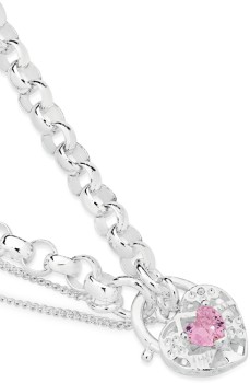 Sterling+Silver+Pink+Cubic+Zirconia+Filigree+Heart+Padlock+Bracelet