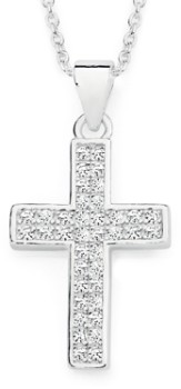 Sterling+Silver+Pave+Cubic+Zirconia+%26amp%3B+Polish+Border+Cross+Pendant