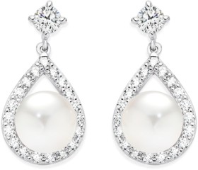 Sterling+Silver+Pearl+and+Cubic+Zirconia+Drop+Earrings