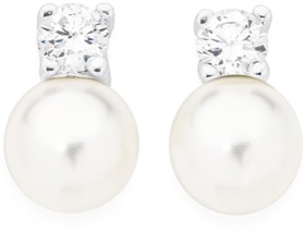 Sterling+Silver+Fresh+Water+Pearl+%26amp%3B+Cubic+Zirconia+Stud+Earrings