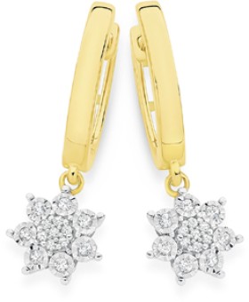 9ct+Gold+Diamond+Flower+Cluster+Drop+Huggie+Earrings