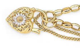 9ct+Gold+19cm+Solid+Oval+Belcher+Two+Tone+Sunflower+Padlock+Bracelet