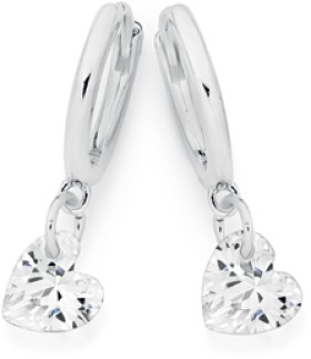 Sterling+Silver+6mm+Heart+Cubic+Zirconia+Drop+on+Huggie+Earrings