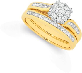 9ct-Gold-Diamond-Cluster-Bridal-Set on sale