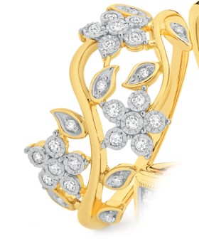 9ct+Gold+Diamond+Leaf%2FFlower+Ring