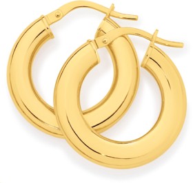 9ct+Gold+12mm+Flatterened+Wide+Tube+Hoop+Earrings