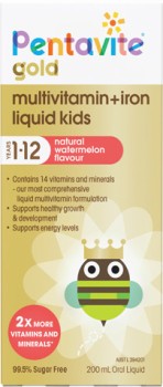 Pentavite+Gold+Multivitamin+%2B+Iron+Liquid+for+Kids+1-12+Years+Watermelon+Flavour+200mL