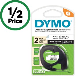 Dymo+Letra+Tag+Labeller+Paper+Tape+12mm+x+4m+White+Pk+2