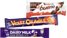 Cadbury+Medium+Bars+30%E2%80%9150g%2C+Rolls+40%E2%80%9155g%2C+Kinder+Bueno+39%E2%80%9143g%2C+Violet+Crumble+or+Toblerone+50g+Selected+Varieties