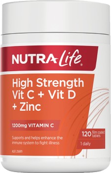 Nutra-+Life+High+Strength+Vit+C+%2B+Vit+D+%2B+Zinc+120+Tablets%2A