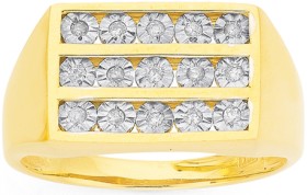 9ct+Gold+3+Row+Diamond+Set+Gents+Ring