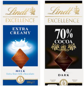 Lindt+Excellence+80%E2%80%91100g+or+Lindor+Chocolate+Block+100g+Selected+Varieties