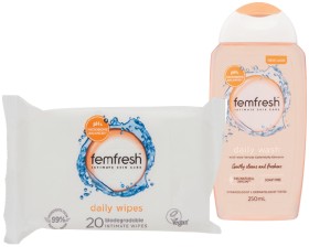 Femfresh+Feminine+Wipes+20+Pack+or+Liquid+Wash+250mL+Selected+Varieties