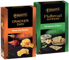 Arnott%26%23039%3Bs+Cracker%2C+Sourdough+Crisps+150g+or+Flatbread+Dippers+130g+Selected+Varieties