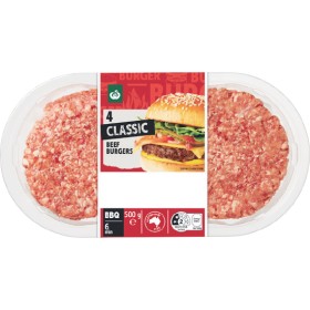 Woolworths+Classic+Beef+Burgers+500g+Pk+4