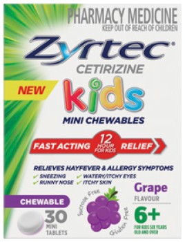 Zyrtec+Kids+Allergy+%26amp%3B+Hayfever+Relief+Grape+Flavour+30+Chewable+Mini+Tablets