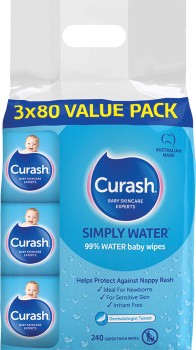 Curash+Simply+Water+Baby+Wipes+3+x+80+Pack