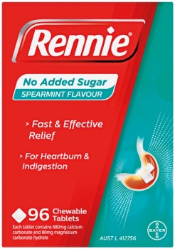 Rennie+No+Added+Sugar+Spearmint+Flavour+96+Chewable+Tablets