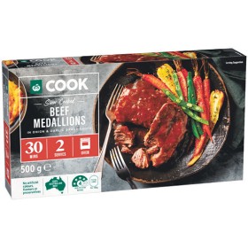 Woolworths+COOK+Slow+Cooked+Beef+Medallions+in+Onion+%26amp%3B+Garlic+Gravy+Sauce+500g