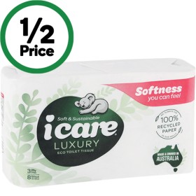 icare+100%25+Recycled+Toilet+Tissue+3+Ply+Pk+8