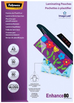 Fellowes+A3+80+Micron+Laminating+Pouch+Gloss+50+Pack