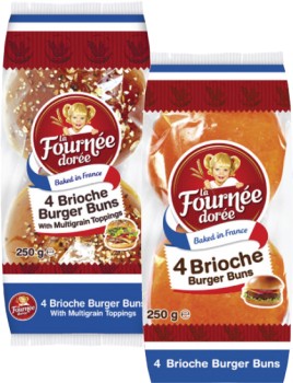 La+Fourn%26eacute%3Be+Dor%26eacute%3Be+Brioche+Burger+Buns+Original+or+with+Multigrain+Toppings+4+Pack+250g