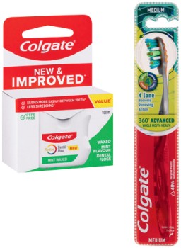 Colgate+Total+Dental+Floss+Mint+Waxed+100m%2C+360%26deg%3B+Advanced+Medium+or+Slim+Soft+Advanced+Charcoal+Bristles+Toothbrush+1+Pack