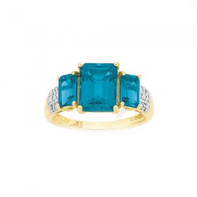 9ct+Gold+London+Blue+Topaz+%26amp%3B+Diamond+Trilogy+Ring