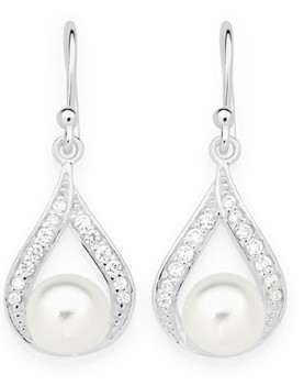 Sterling+Silver+Cultured+F%2FW+Pearl+Cubic+Zirconia+Open+Pear+Drop+Earrings