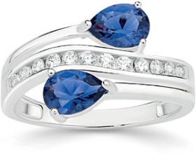 Sterling++Silver+Blue+Pear+Glass+%26amp%3B+CZ+Wrap+Ring