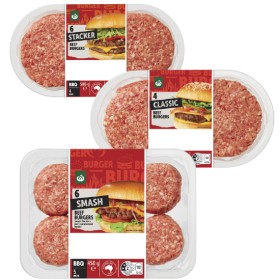 Woolworths+Australian+Beef+Burger+Classic%2C+Smash+or+Stacker+Varieties+400-500g