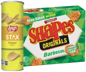 Arnotts-Shapes-130-190g-or-Lays-Stax-105g-Selected-Varieties on sale