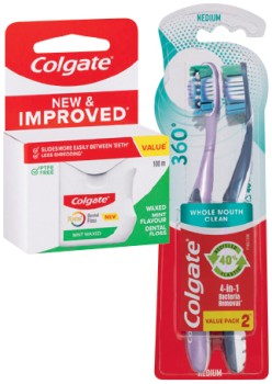 Colgate+360%26deg%3B+Toothbrush+2+Pack+or+Total+Mint+Waxed+Dental+Floss+100m+Selected+Varieties