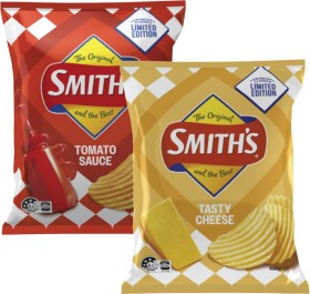 NEW+Smith%26%23039%3Bs+Tomato+Sauce+or+Tasty+Cheese+Crinkle+Cut+Potato+Chips+150g